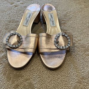 Light pink Jimmy Choo block heel slide. Diamond round clasp. Size 41